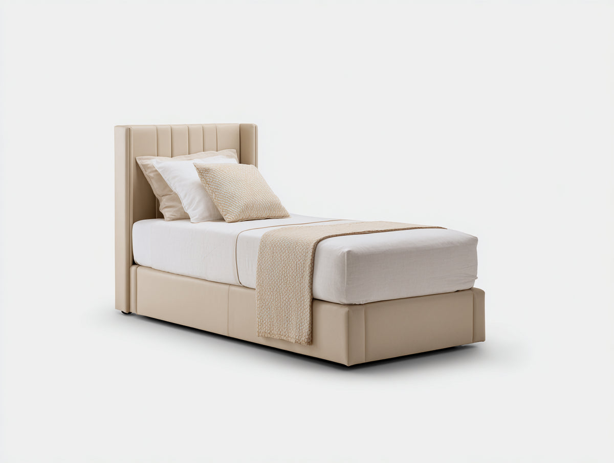 Lit simple - Similicuir - 210 x 105 x 116 cm - Beige - Style contemporain